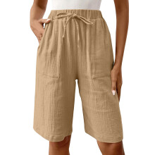 Womens Bermuda Shorts Knee Length Drawstring Elastic-Khaki XXL