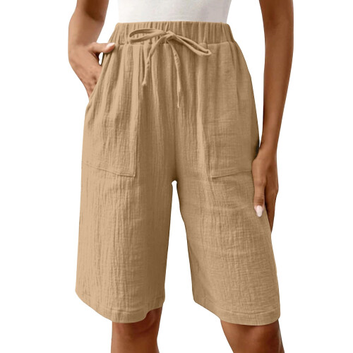 Womens Bermuda Shorts Knee Length Drawstring Elastic-Khaki XXL