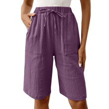 Womens Bermuda Shorts Knee Length Drawstring Elastic-Purple M