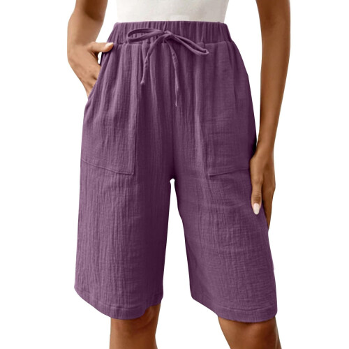 Womens Bermuda Shorts Knee Length Drawstring Elastic-Purple M