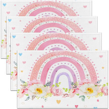 Set van 4 placemats met regenboogmotief en botanische details, 45 x 30 cm.