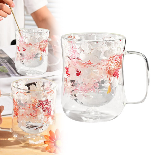 Transparenter Kaffeebecher mit Blumenmuster, doppelwandig, 300 ml