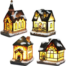 Casă iluminată de Crăciun, cadou atent pentru decor de sărbători pe masă în interior, 4 căsuțe de sat din rășină cu design profesional