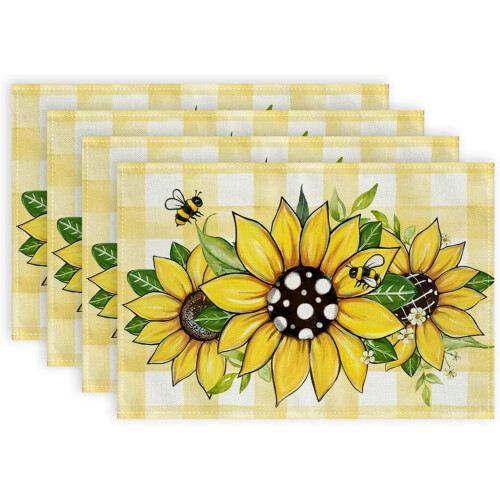 Sunflower Bee Table Mats Buffalo Plaid Burlap 4PCS