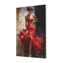 Pintura em tela de 40x60cm de uma mulher de vestido vermelho.
