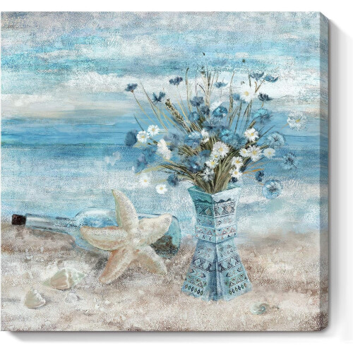Blue Beach Canvas Wall Art Print 34x34