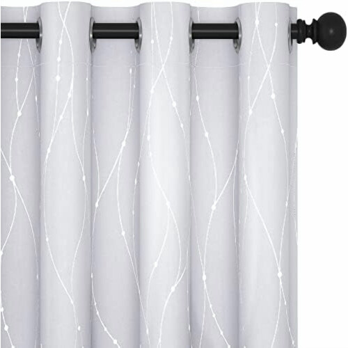 Grey-White Blackout Curtains with Silver Wave Dots, 52x63",