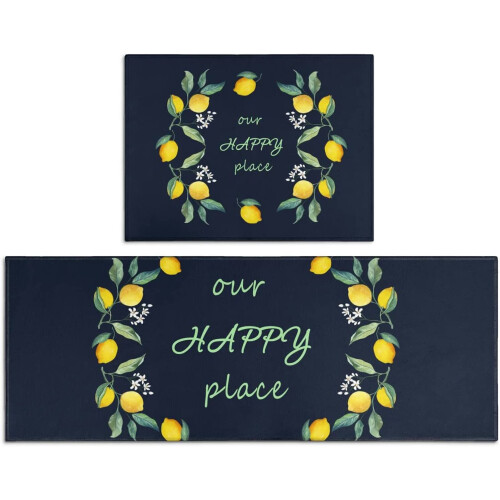 Lemon Kitchen Rugs Set Navy Blue Floral 2 pcs