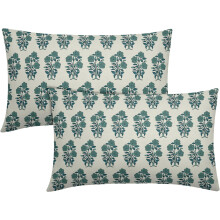 Aqua Teal bloemenprint linnen kussenhoezen 12x20 inch, set van 2
