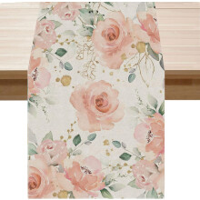 Linen Table Runner with Eucalyptus & Pink Flowers 13x72 in