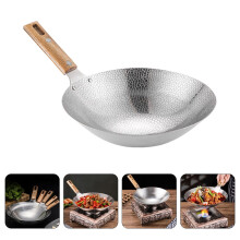 Panela wok de aço inoxidável com cabo de madeira
