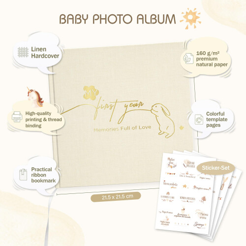 Baby Memory Book – First Year Keepsake Journal with Stickers, Linen Cover 1