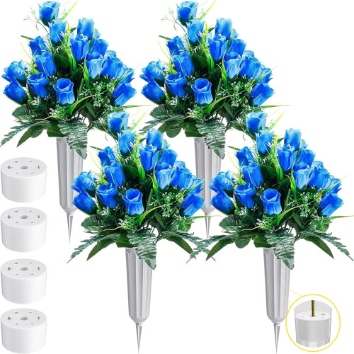 Rosas artificiais para túmulo com vasos (pacote com 4)