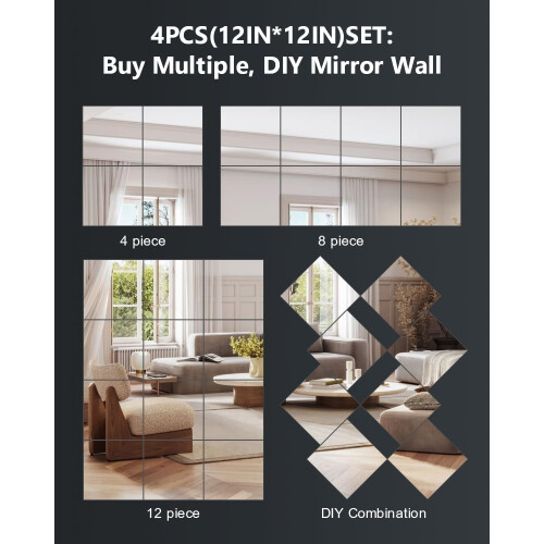Acrylic Mirror Unbreakable Frameless 4pcs 12x12in 1
