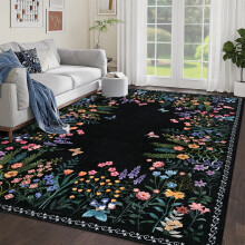 Washable area rug floral botanical 5'x7' black