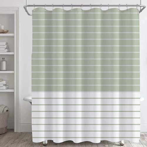 Cortina de chuveiro em poliéster com listras verde-sálvia e branca, 183 x 183 cm (72 x 72 polegadas).
