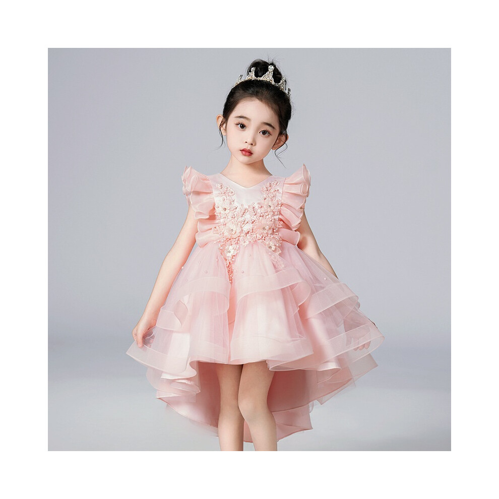 Photos - Fancy Dress Girls dress summer small flying sleeve dress trailing mesh tutu skirt princess dress sweet bean paste color lo(Pink, 100cm)