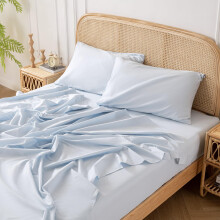 Yibeizi Light Blue 100% Washed Cotton Linen Feel Sheet Set Full Size 4 Pieces Deep Pocket Bed Sheets Soft Breathable Hotel Bedsheets