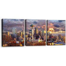 Ensemble de 3 toiles murales représentant la skyline de Seattle (30 x 40 x 7,5 cm)