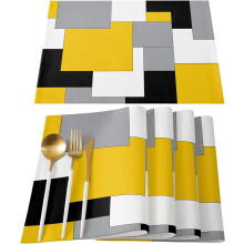 Set van 6 placemats met abstracte kunst, zwart en geel, antislip.