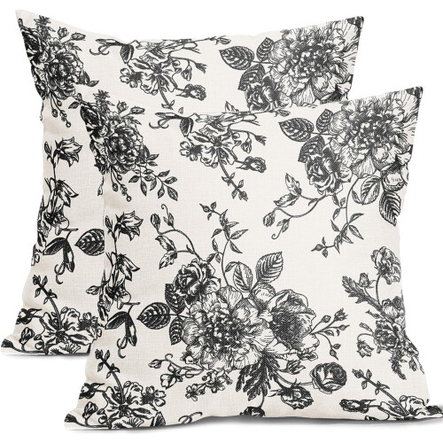 Fodere per cuscini floreali nere 45x45 cm in cotone e lino