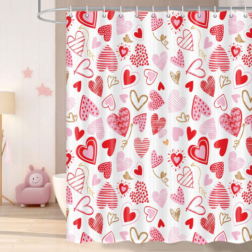 Rosa kjærlighetshjerter dusjforheng polyester