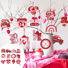 Set van 24 roze houten hartjes als kerstboomversiering voor Valentijnsdag