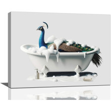 Quadro su tela con pavone, 16x12 pollici, con cornice.