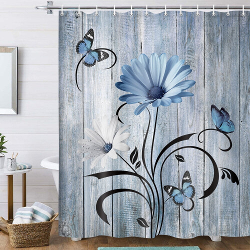 Cortina de chuveiro floral com margaridas azuis, 152 x 178 cm (60 x 70 polegadas).
