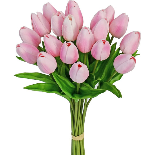 10 tulipas artificiais rosa-choque – flores com toque de seda de 34 cm (13,5 polegadas)