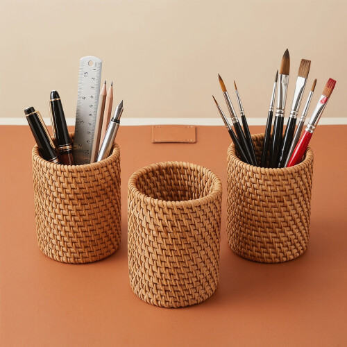 3Pcs Round Khaki Rattan Pen Cups Versatile Desktop Pencil Holders 2