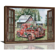 Rustykalna sztuka ścienna „Wiejski dom” z czerwoną ciężarówką, płótno 16x12 cali