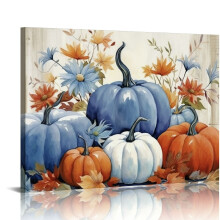 Tableau mural moderne sur toile pour Thanksgiving, bleu, orange et gris.