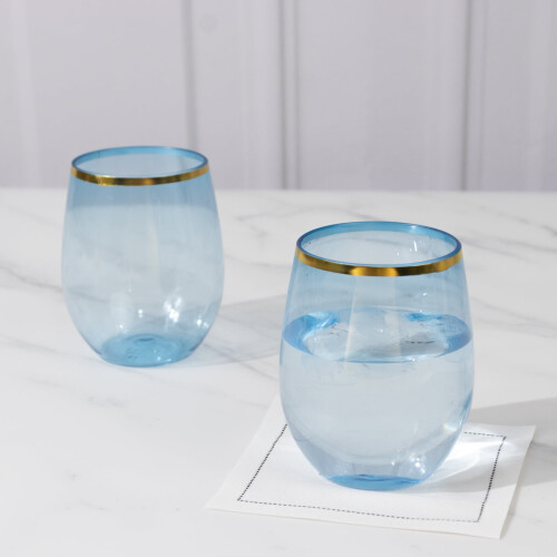12x12oz πλαστικά ποτήρια κρασιού σε σκούρο μπλε χρώμα με χρυσό χείλος