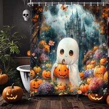 Cortina de ducha de Halloween con diseño de castillo fantasmal, impermeable.