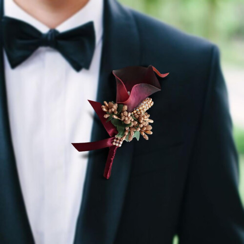 Red Silk Wedding Corsage for Groom or Bride 1