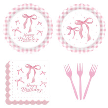 Set per feste con fiocco rosa – Piatti, tovaglioli e forchette di carta (20
