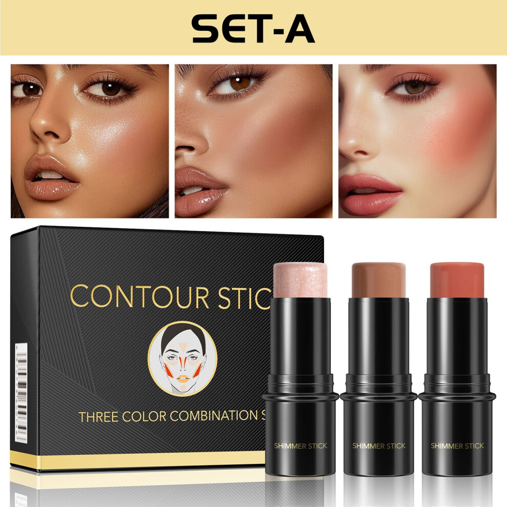 (D) Repairing Stick 3 Sets Of Three-dimensional Decoration Highlight Shadow Powder Blusher Pen Multi-function Makeup Stick 18