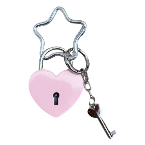 Practical Oversized Heart Lock Bag Charm With Star Clasp-Pink