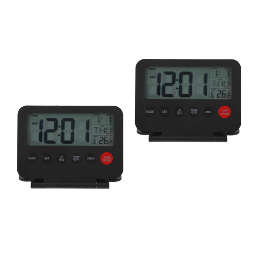 2Pcs Compact Black Bedside Alarm Clock with Night Light and Flip Cover 1