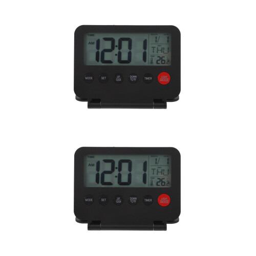 2Pcs Compact Black Bedside Alarm Clock with Night Light and Flip Cover 2