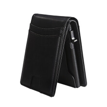 Thin Bifold Leather Wallet Swiping Protections Magnetic-Black