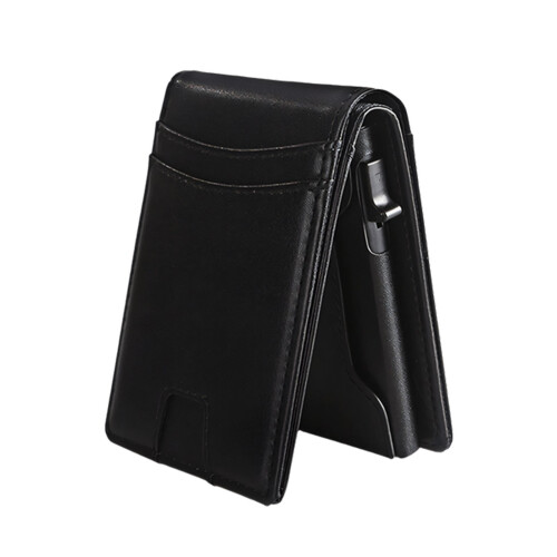 Thin Bifold Leather Wallet Swiping Protections Magnetic-Black