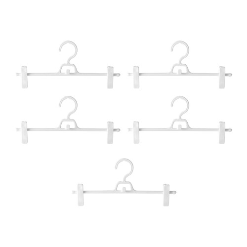 Set van 5 witte plastic kledinghangers met schuifclips