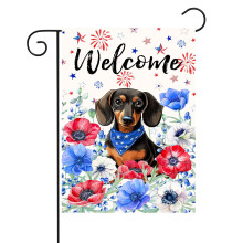 Patriotic Garden Flag with Dachshund & Flowers 12x18 in