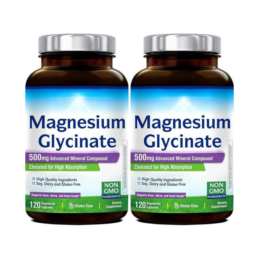(2pcs) Magnesium Glycinate 500mg|70mg Elemental Magnesium Supplement-High Absorption,Non Buffered,Non-GMO&No Gluten-240 Capsules