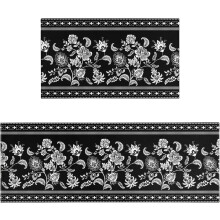 Black floral kitchen rug mat non-slip washable set of 2