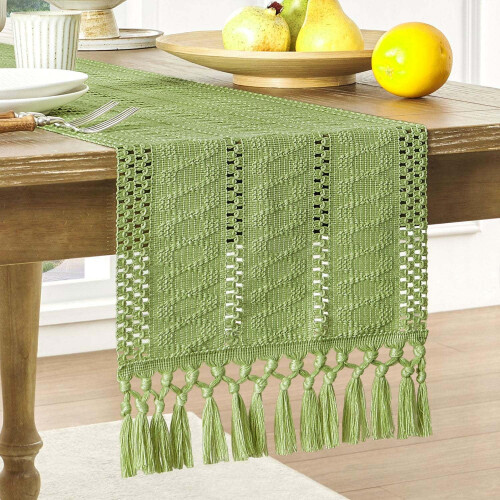 Boho macramé tafelloper van katoen en polyester, 12 x 90 inch.