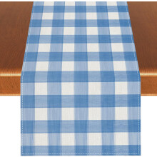 Camino de mesa de lino azul y blanco a cuadros búfalo de 182 cm (72 pulgadas)