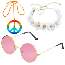 (Style 3) Costume da Halloween/Carnevale Hippie con occhiali da sole, cerchietto con coroncina di fiori e collana con la scritta "Pace"